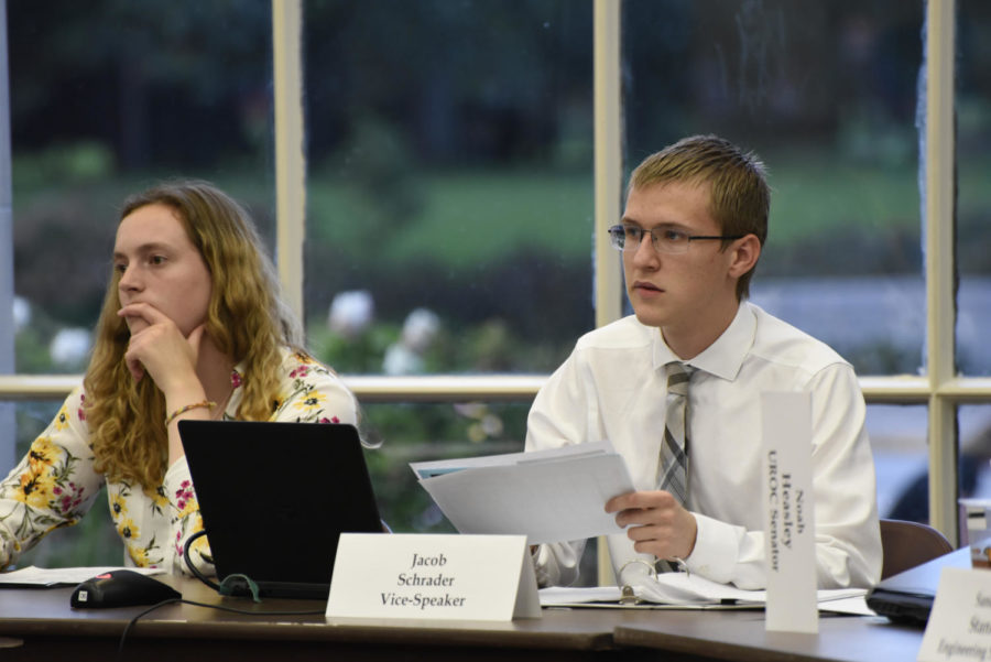 Student Government Speaker Kelsey Culbertson and Vice Speaker Jacob Schrader listen during the Student Government meeting Sept. 18 in the Campanile Room. Student Government discusses various bills and legislation that affect Iowa State and the community.