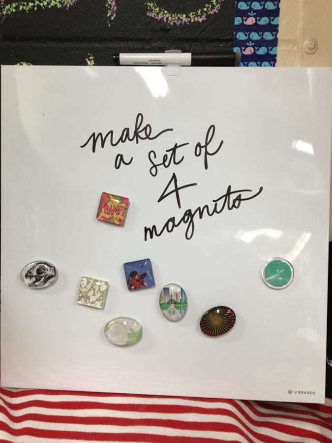 The Workspaces Craft of the Month is glass magnets. Attendees were able to create magnets by placing various patterned papers on the back of glass. 