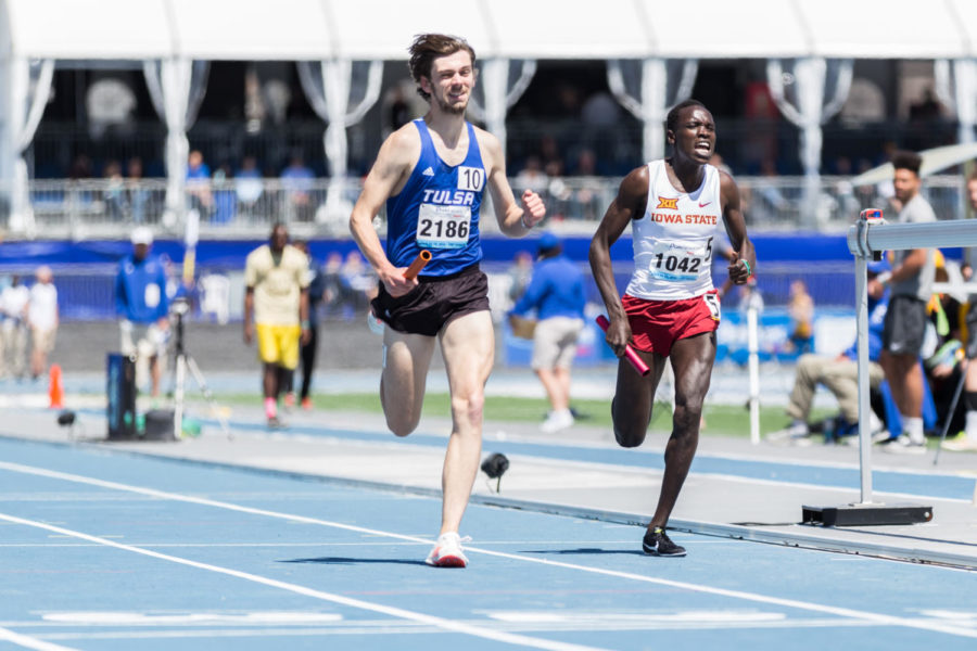 Iowa States Edwin Kurgat runs the final stretch of the mens distance medley during the last day of the Drake Relays in Des Moines on April 28, 2018. Kurgat and the Cyclones finished in second place.