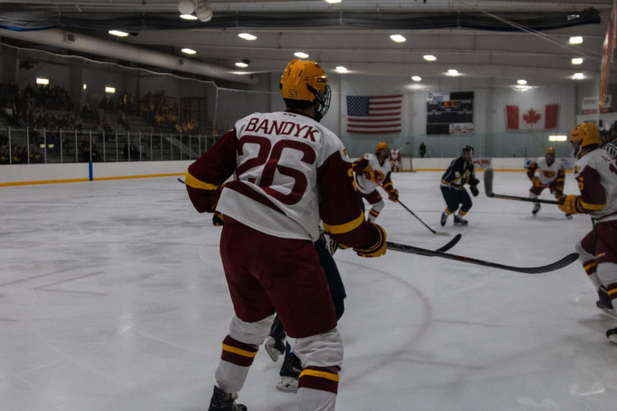 Brian Bandyk pursues the puck against Central Oklahoma on February 1st.