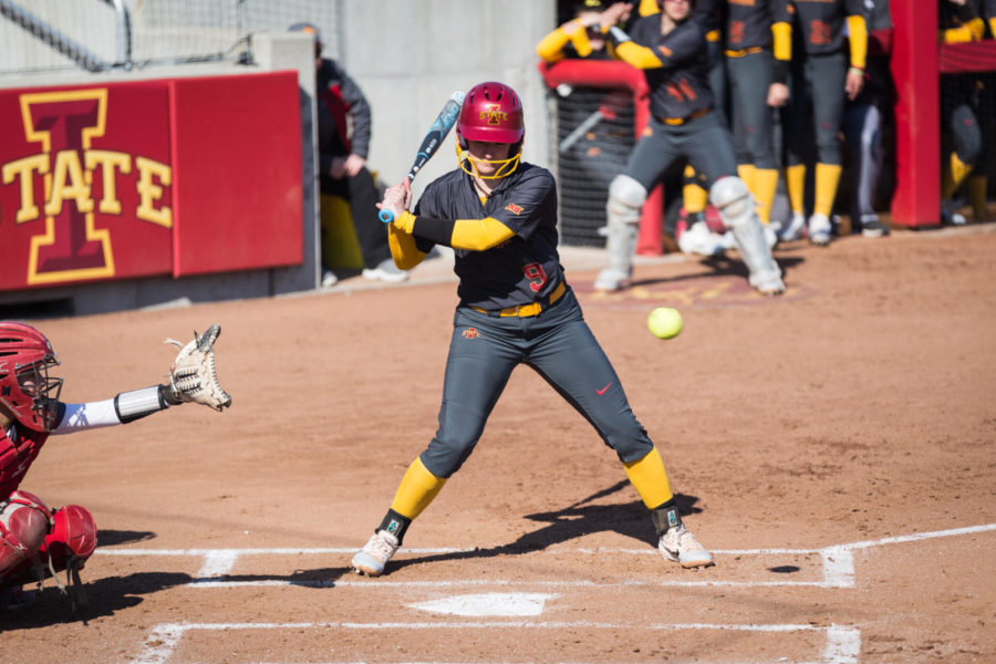 Iowa State Senior Catcher Kaylee Bosworth bats during the Iowa State vs South Dakota softball game held at the Cyclone Sports Complex April 2. The Cyclones had three home run hits and defeated the Coyotes 9-1.