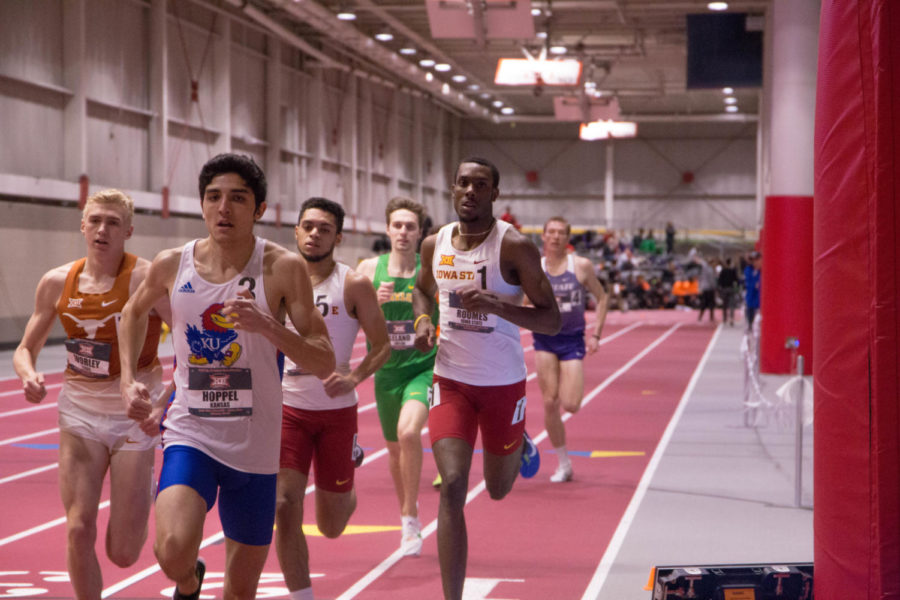 Sophomore Roshon Roomes runs in the Mens 800 M at the Big 12 Track and Field Championship at Lied Rec. Center on Feb. 24. Roomes finished in fourth place with a time of 1:48.97.