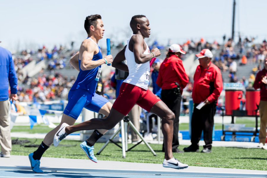 Iowa States Festus Lagat runs the first leg of the mens distance medley during the last day of the Drake Relays in Des Moines on April 28, 2018. Lagat and the Cyclones finished with a time of 9:42.95.