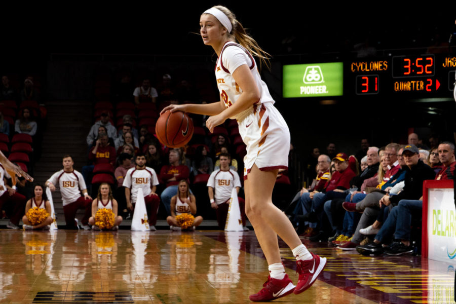 Iowa State guard Maggie Espenmiller-McGraw dribbles the ball in the corner against Southern on Nov. 7. The Cyclones beat the Jaguars 69-36.