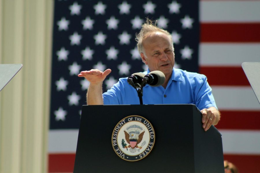Congressman Steve King speaks at the end of the Roast and Ride fundraiser June 3, 2017, in Boone, Iowa.