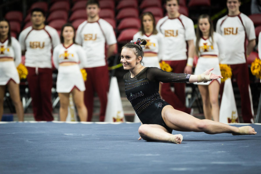 Then freshman Madelyn Langkamp competes on floor during the fourth and final rotation of the Iowa State vs Oklahoma gymnastics meet on March 11, 2019. The No. 23 ranked Cyclones were defeated by the No. 1 ranked Sooners 196.275-197.575.