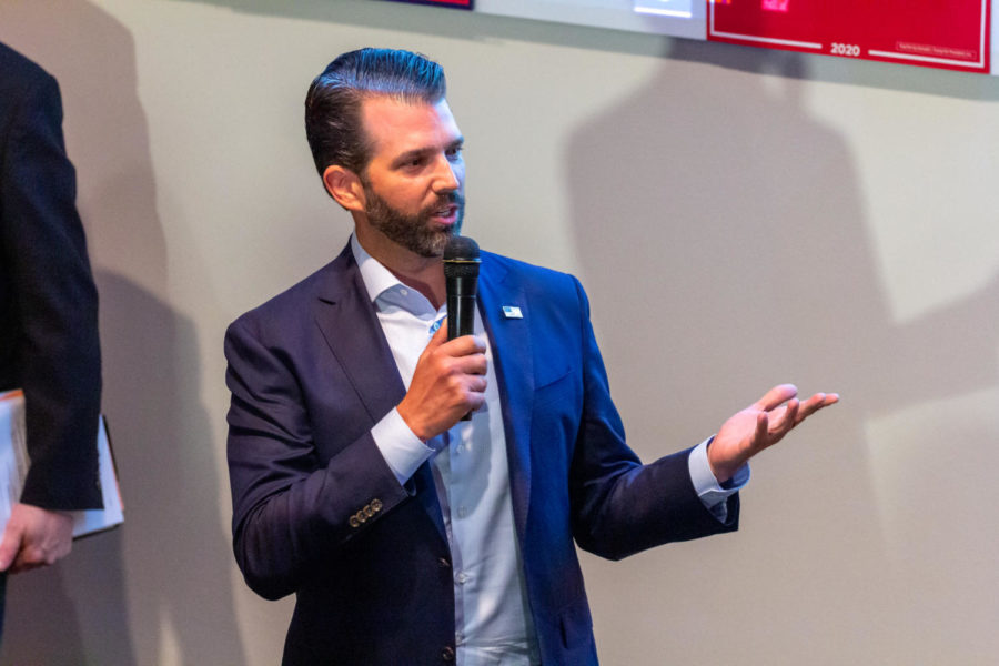 Donald Trump Jr. speaks to supporters of his father President Donald Trump at the 2020 Iowa Republican caucus Feb. 3 at the Oakwood Road City Church in Ames.