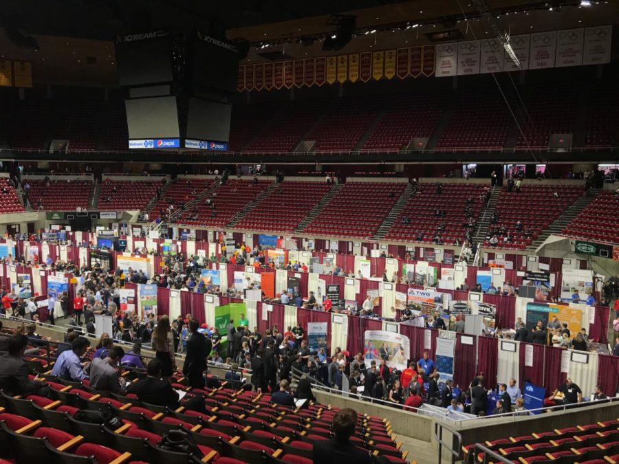 Companies set up in Hilton Coliseum with representatives to speak with engineering students at the second Engineering Career Fair on Sept. 24, 2019.
