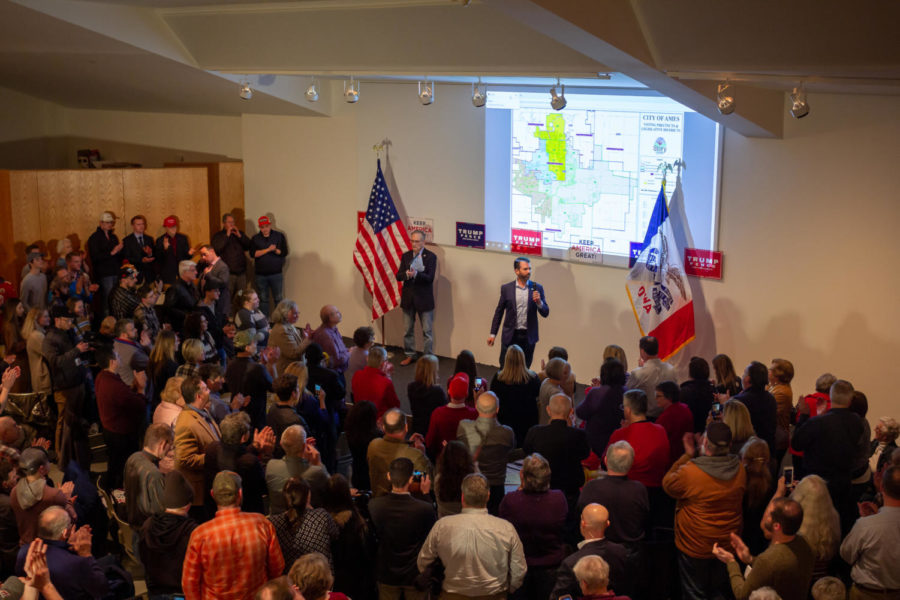 Donald Trump Jr. speaks to supporters of his father President Donald Trump at the 2020 Iowa Republican caucus Feb. 3 at the Oakwood Road City Church in Ames.