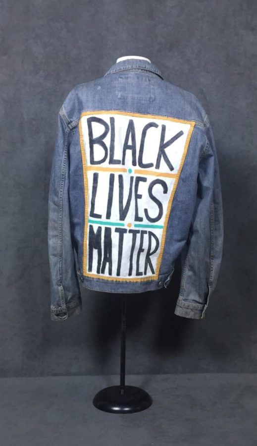 A Black Lives Matter hand-painted jacket that is part of the Self-Created Expression section of the Collegiate Fashion & Activism: Black Women’s Styles on the College Campus exhibition.