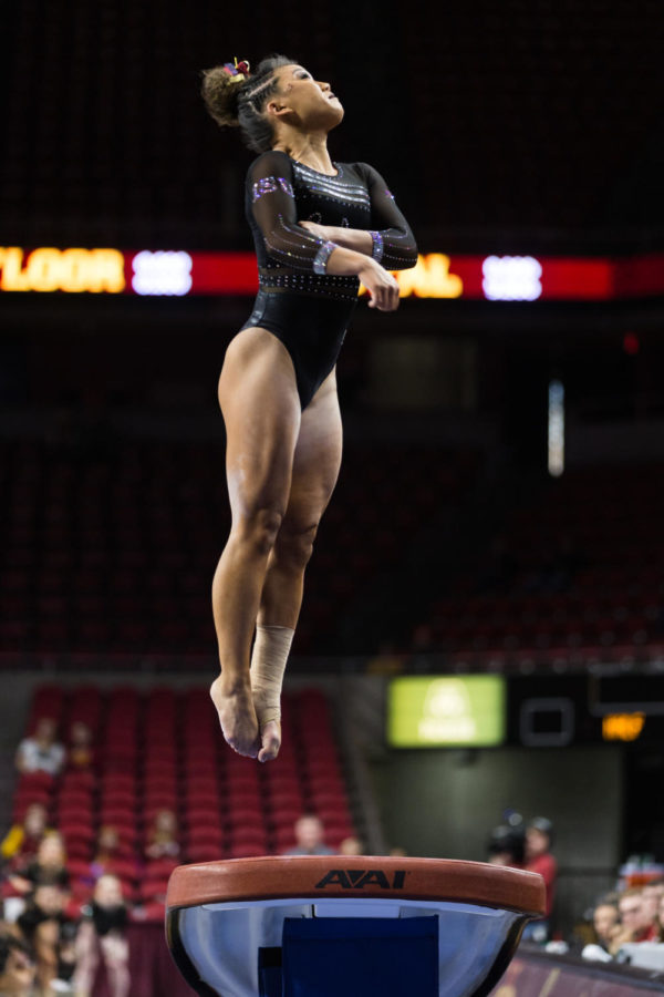Iowa State then-senior Sydney Converse competes on vault during the first rotation of the Iowa State vs. Oklahoma gymnastics meet in 2019. The then-No. 23 ranked Cyclones were defeated by the then-No. 1 ranked Sooners 196.275-197.575.