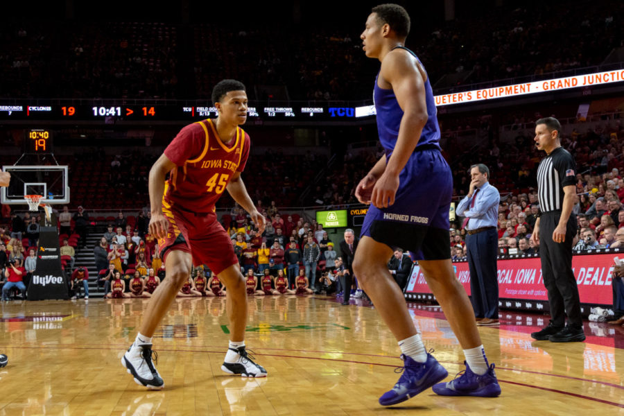 Iowa State sophomore guard Rasir Bolton defends TCUs Desmond Bane on Feb. 25 in a 65-59 win for the Cyclones.