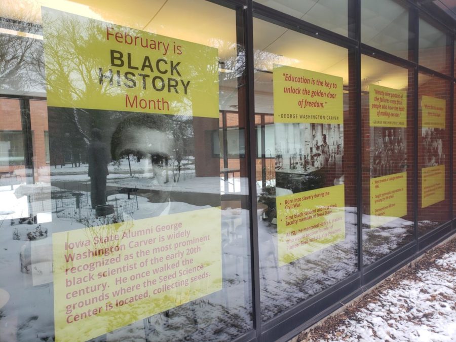 Posters of George Washington Carver hang in the front windows of the Seed Science Center.