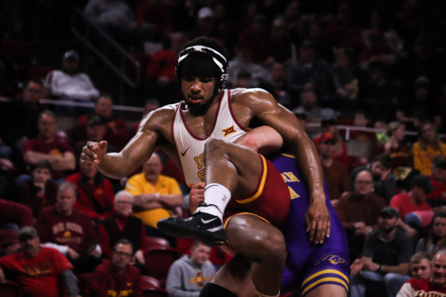 Redshirt junior Sam Colbray faces off against Bryce Steiert during Iowa States 18-16 victory over No. 16 Northern Iowa on Feb. 15 at Hilton Coliseum.