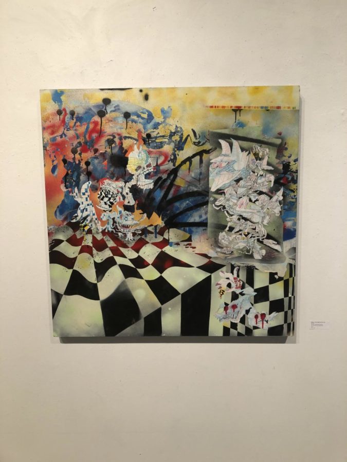 A piece in Christian DCruzs exhibit titled “When U Go Right We Go Up” is a mix of acrylic, alcohol marker and archival ink on masonite. It depicts a black and white checkered plain with colorful creatures throughout.