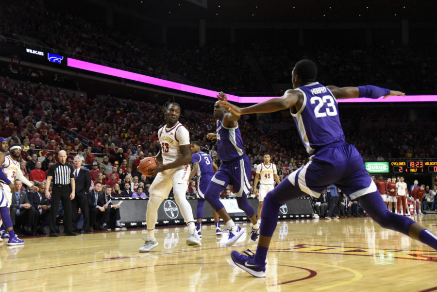 Solomon Young handles the ball against Kansas State on Feb. 8 at Hilton Coliseum.