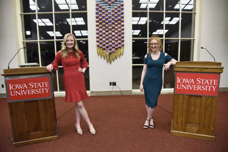 Student Government presidential candidates Lydia Greene, junior in political science, and Morgan Fritz, sophomore in political science, debated on Feb. 25.