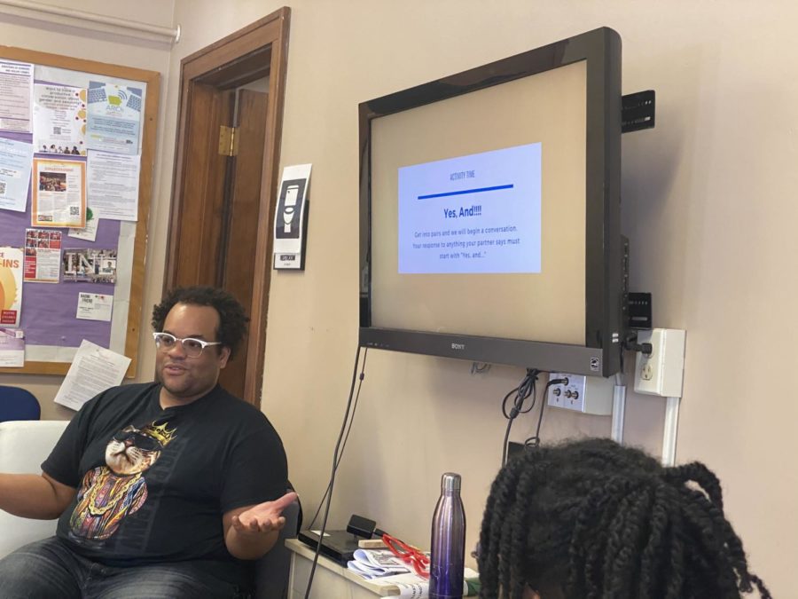 Feminist Friday speaker Chuck Wongus, a graduate student assistant and the leadership education and development adviser for the Office of Sorority and Fraternity Engagement, led a discussion Feb. 21 over the use of improv in social movements.