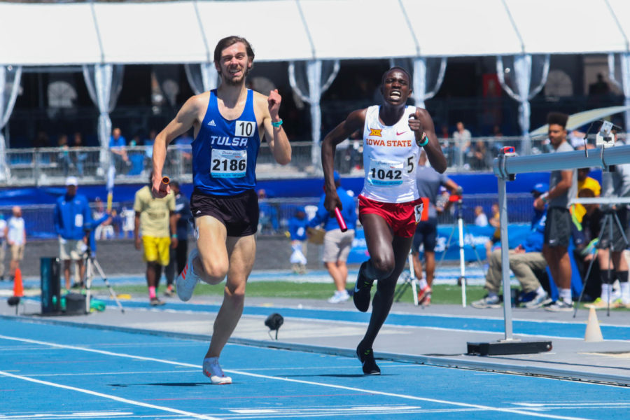 Iowa States Edwin Kurgat runs in the finishing stretch of the mens distance medley relay at the Drake Relays on April 28, 2018, in Des Moines, Iowa.