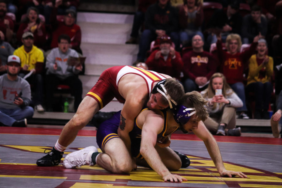 Redshirt junior Alex Mackall faces off against Jay Schwarm during Iowa States 18-16 victory over No. 16 Northern Iowa on Feb. 15 at Hilton Coliseum.