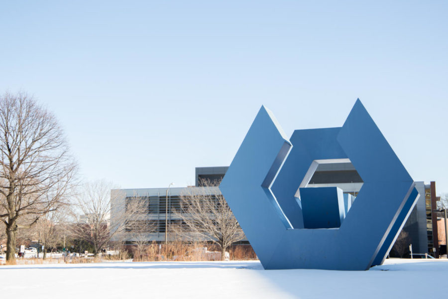 The painted steel sculpture, entitled Sequence, rises from the snow Jan. 8 outside the College of Design. The sculpture was erected in 1979 by John Douglas Jennings and has become a landmark for the College of Design.  