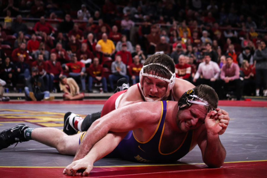Redshirt junior Gannon Gremmel faces of against Carter Isley during Iowa States 18-16 victory over No. 16 Northern Iowa at Hilton Coliseum on Feb. 16.
