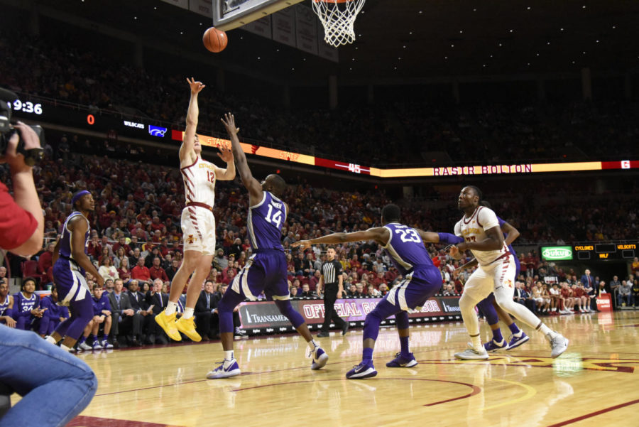 Michael Jacobson attempts a shot for Iowa State in a 73-63 win over Kansas State on Feb. 8 in Hilton Coliseum.