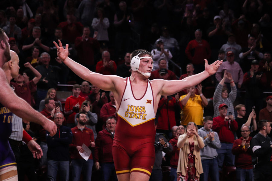 Redshirt junior Gannon Gremmel celebrates his victory over Carter Isley during Iowa States 18-16 victory over No. 16 Northern Iowa on Feb.16 in Hilton Coliseum.