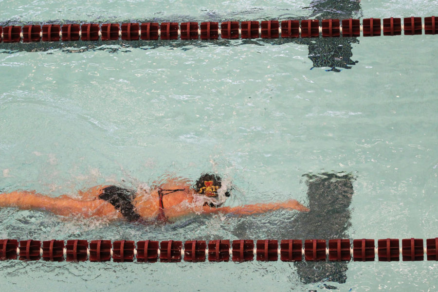 Iowa State then-freshman Keely Soellner swims the 1000-yard freestyle against Northern Iowa on Jan. 28, 2017, at Beyer Hall. Soellner finished second with a time of 10:41.61.