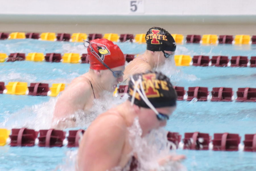 Then-sophomores+Martha+Haas+%28near%29+and+Lehr+Thorson+%28back%29+swim+the+100-yard+breaststroke.+Iowa+State+University+womens+swimming+and+diving+team+competed+against+Illinois+State+University+on+Jan.+18%2C+2019%2C+at+Beyer+Pool.+The+Cyclones+won+191-100.