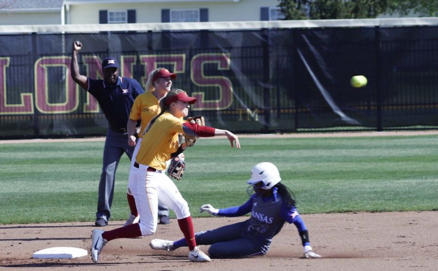 Iowa State attempts to turn a double play against Kansas on May 3, 2019. The Cyclones defeated the Jayhawks 3-2 on a walk-off home run by Sami Williams.