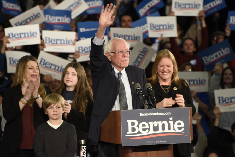 Sen. Bernie Sanders speaks to supporters Feb. 3 in Des Moines after the Iowa Democratic caucuses.