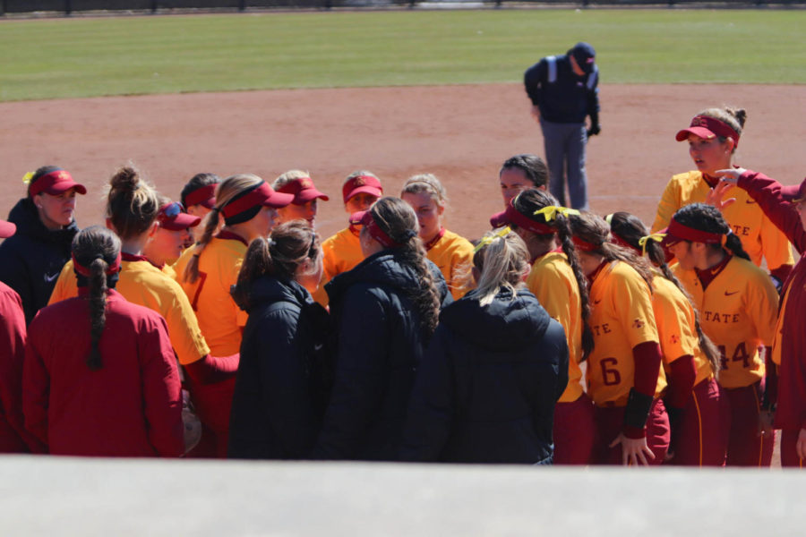 The Iowa State Softball team huddles at the end of the top of seventh inning during their lose to #15 Texas Tech.  Iowa State lost to Texas Tech 8-4 on Mar. 31, dropping their record to 18-15 overall and 1-5 in Big 12 play. 