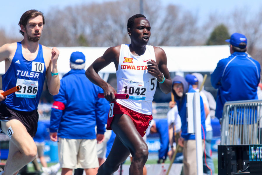 Iowa States Edwin Kurgat in the finishing stretch of the mens distance medley relay at the Drake Relays in Des Moines on April 28. 