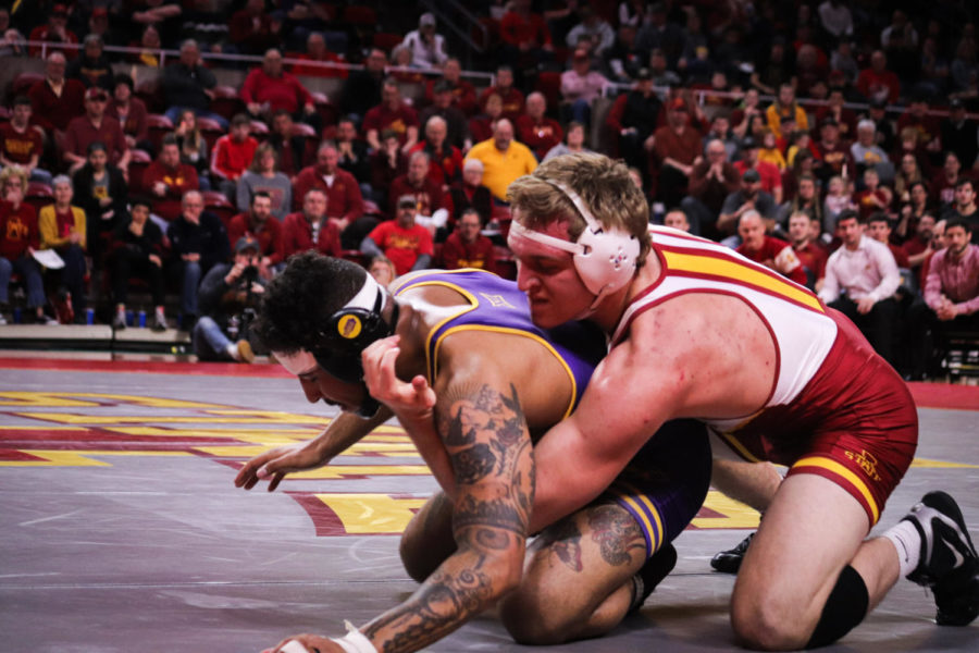 Then-redshirt freshman Joel Shapiro faces off against Isaiah Patton during Iowa States 18-16 victory over then-No. 16 Northern Iowa on Feb. 16 at Hilton Coliseum. 