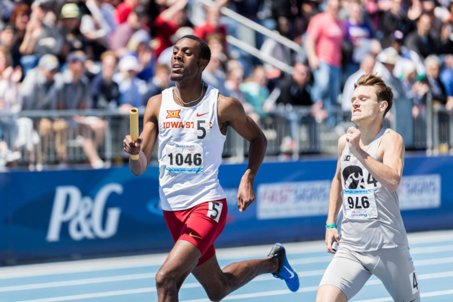 Iowa States Roshon Roomes runs in the mens sprint medley during the last day of the Drake Relays in Des Moines on April 28, 2018. Roomes and the Cyclones finished in first place with a time of 3:17.73.