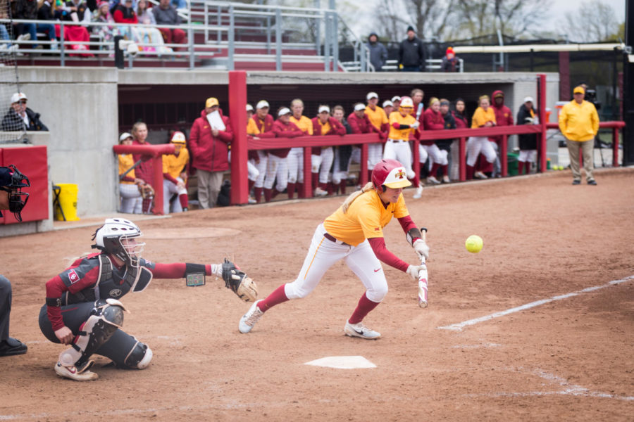 Iowa State then-junior Sami Williams bunts during the second game of the Iowa State vs Oklahoma double header April 28. The Cyclones were defeated 14-0.