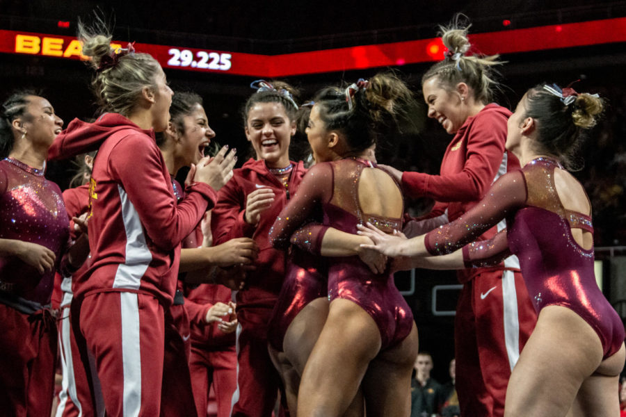 Iowa State gymnastics celebrates during its match against the University of Iowa on March 6, 2020.