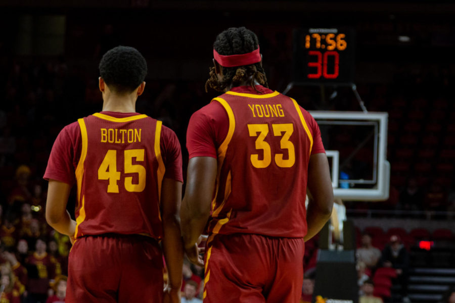 Rasir Bolton and Solomon Young stand together against TCU on Feb. 25 at Hilton Coliseum.