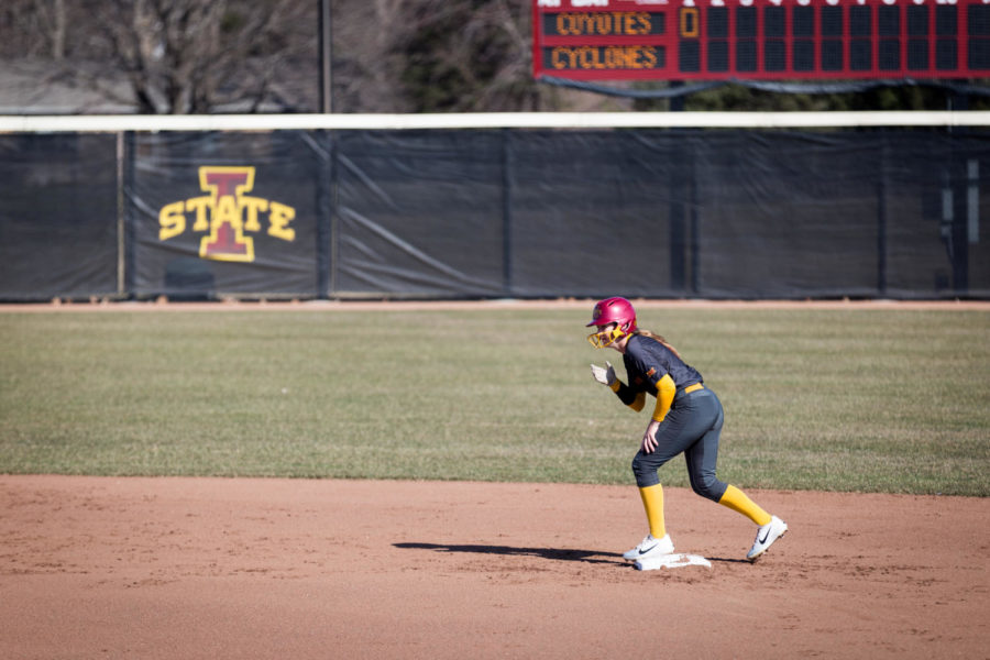 An+Iowa+State+player+waits+on+second+base+for+a+hit+during+the+Iowa+State+vs.+South+Dakota+softball+game+held+at+the+Cyclone+Sports+Complex+on+April+2.+The+Cyclones+had+three+home+run+hits+and+defeated+the+Coyotes+9-1.