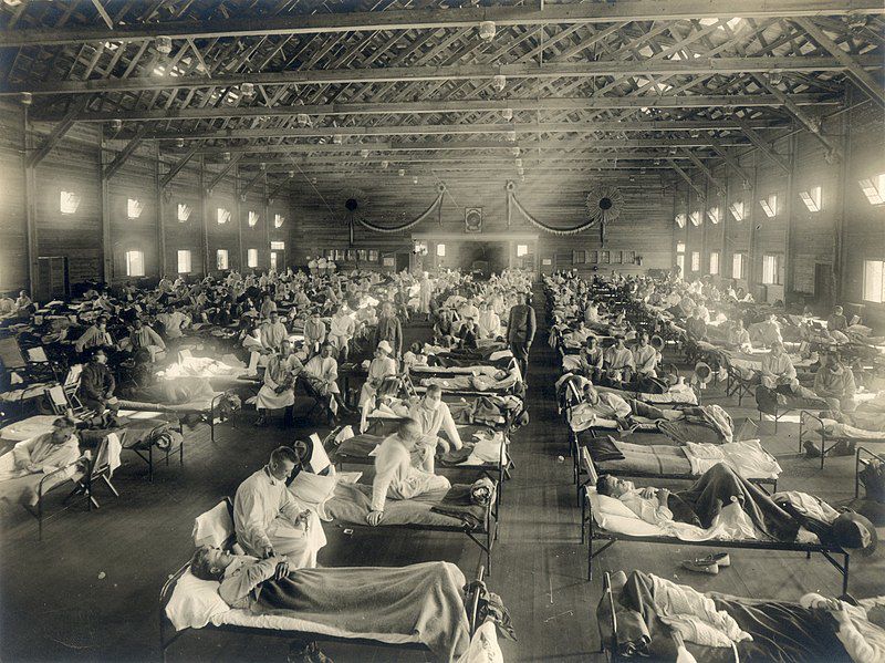 Patients being treated for flu during the 1918 epidemic at Fort Riley, Kansas near Kansas State.