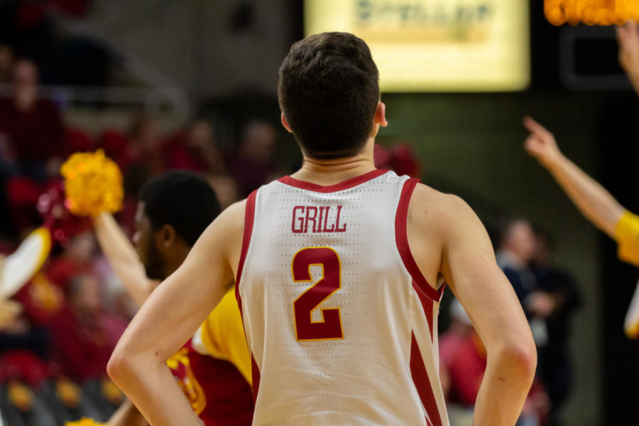 Caleb Grill looks up at the video board in Hilton Coliseum against No. 1 Baylor on Jan. 29.