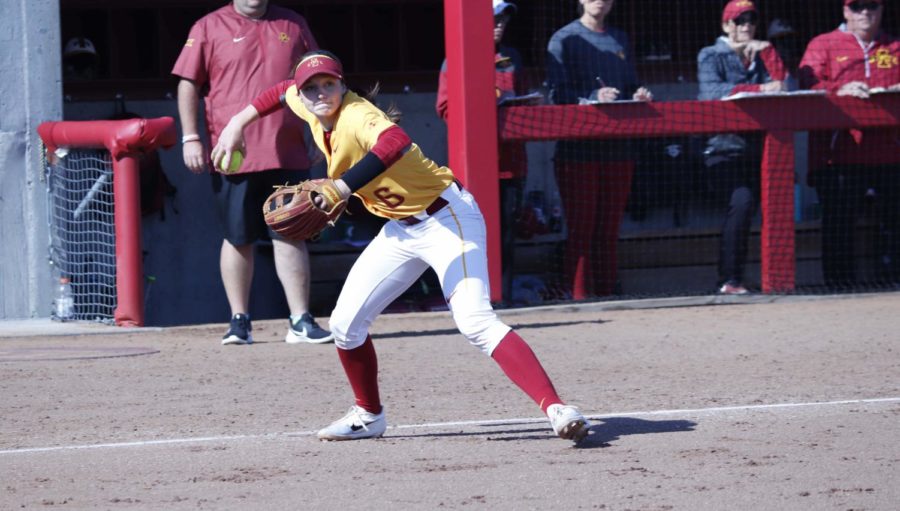 Iowa State senior Logan Schaben throws the ball during the Iowa State vs. Kansas game May 3, 2019. The Cyclones defeated the Jayhawks 3-2.