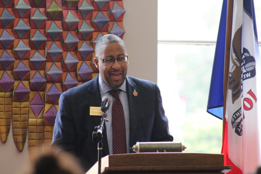 Dr. Martino Harmon, the senior vice president for Student Affairs at Iowa State, welcomes everyone to the start of the 2019 Transforming Gender and Society Conference organized by the ISU Womens and Gender Studies Program held in the Memorial Union on April 6, 2019. The conference touched on topics such as gender, sexuality, race, ethnicity and age with people gathering from various colleges to speak and attend.