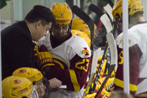 Head coach, Jason Fairman goes over notes with Joey Marcuccilli, freshman defensive player, at the game against Illinois State. Cyclone Hockey beat Illinois State 6 to 3 on Sept. 28 at the Ames/ISU Ice Area. This was game one of Cyclone Hockey’s weekend series against Illinois State.