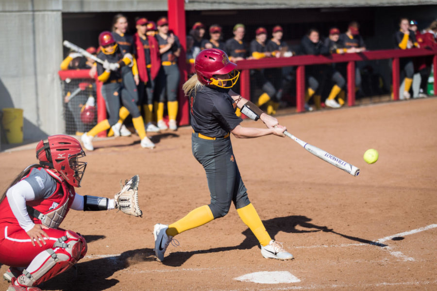 Iowa State freshman Kasey Simposn bats during the Iowa State vs South Dakota softball game held at the Cyclone Sports Complex April 2. The Cyclones had three home run hits and defeated the Coyotes 9-1.