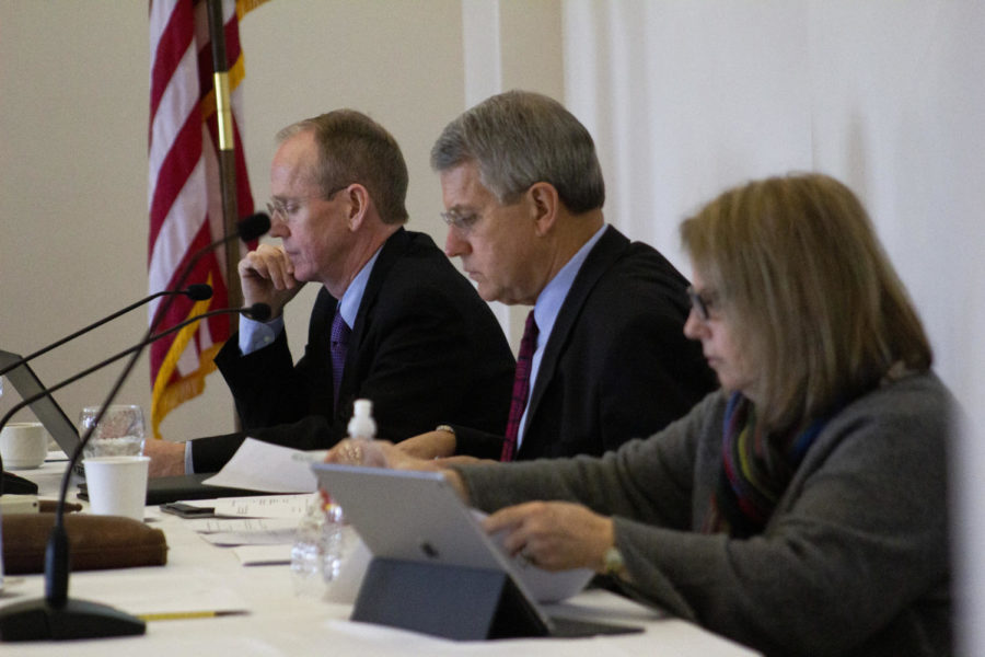 John Nash (left), Regent Milt Dakovich (middle) and Regent Patty Cownie (right) listen to the Property and Facilities Committee. The Board of Regents held a meeting Feb. 27, 2019, in the Reiman Ballroom at the Alumni Center.