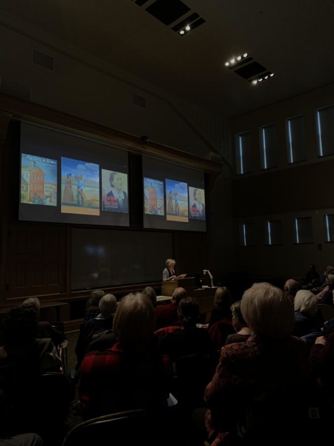 Sue Taylor, professor emerita of modern art history at Portland State University and author of the newly published novel “Grant Wood’s Secrets” discussed hidden visual motifs and messages within Grant Wood’s art in a lecture.