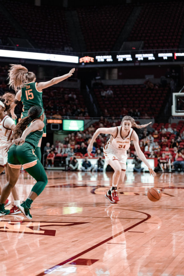 Freshman forward Morgan Kane driving to the hoop in Iowa States 57-56 win over the second-ranked Baylor Lady Bears on March 8 in Hilton Coliseum.