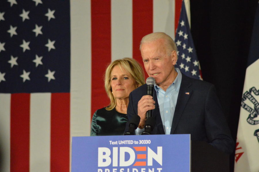 Former Vice President Joe Biden and former Second Lady Jill Biden speak to supporters Feb. 3 in Des Moines after the Iowa Democratic caucuses. 